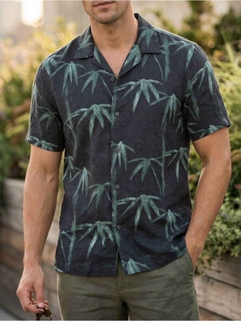 Theory 100% Linen Irving SS Camp Collar Bamboo Print Shirt M Eucalyptus Multi
